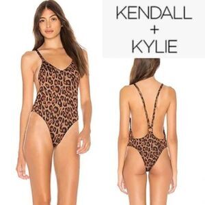Kendall + Kylie Women Brown Leopard Racerback One Piece Bathing Suit Siz…